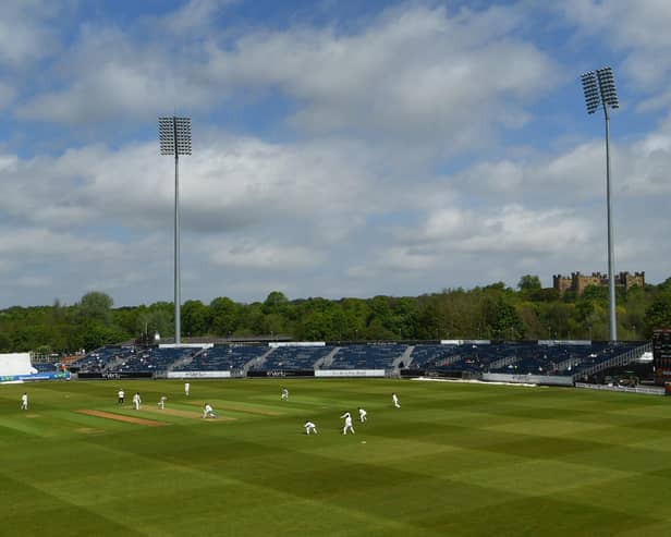 CHESTER-LE-STREET, ENGLAND - MAY 27: A general view of the ground as Spectators are let in for the first time at the Riverside this season during day one of the LV= Insurance County Championship match between Durham and Essex at Emirates Riverside on May 27, 2021 in Chester-le-Street, England. (Photo by Stu Forster/Getty Images)