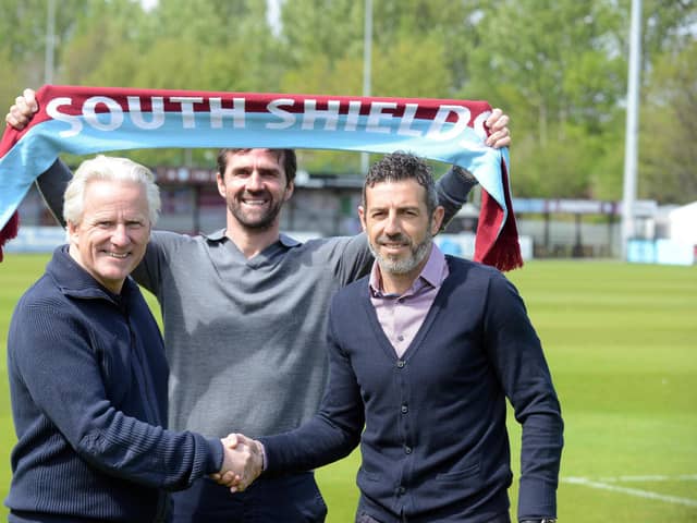 Julio Arca appointed the new manager of South Shields FC with club's chairman Geoff Thompson and assistant manager Tommy Miller.