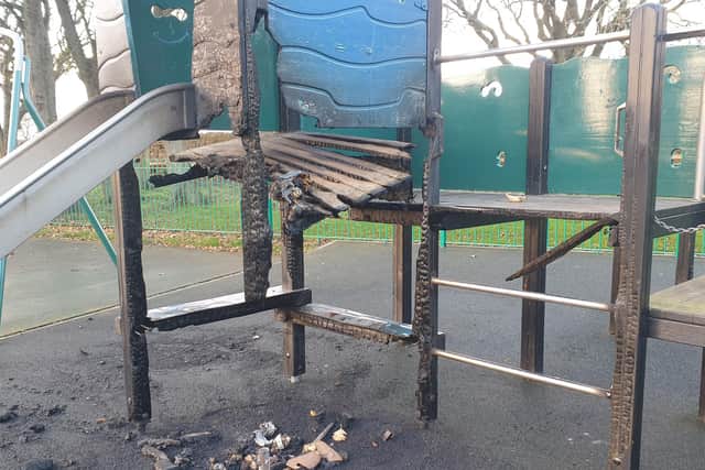 The play equipment which has been damaged by fire at Cornthwaite Park.