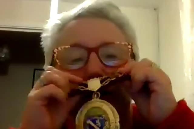 Councillor Kathleen Pearson, Mayor of Hetton Town Council, with repaired mayoral pendant at Zoom meeting, October 19.