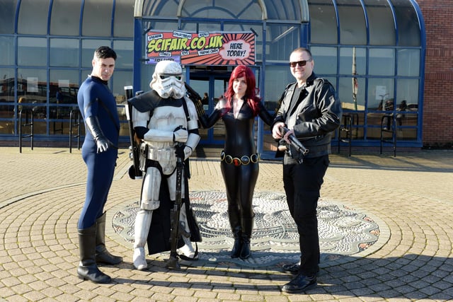 Sci-fi characters at the SciFair in 2016. Pictured left to right are Robbie Mellor as Mr. Fantastic, a Stormtrooper from Star Wars, Gwyneth Griffiths as Black Widow from the Avengers and Ian Wardrobe as Terminator.