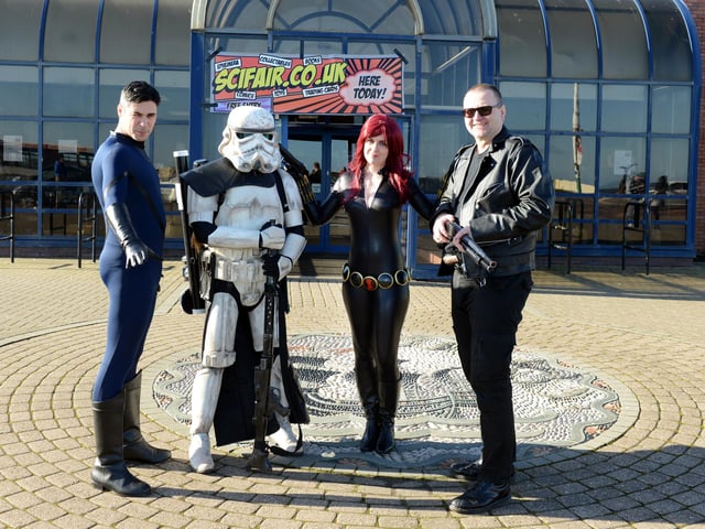Sci-fi characters at the SciFair in 2016. Pictured left to right are Robbie Mellor as Mr. Fantastic, a Stormtrooper from Star Wars, Gwyneth Griffiths as Black Widow from the Avengers and Ian Wardrobe as Terminator.