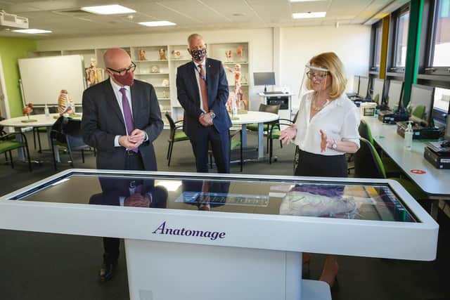 Matt Western MP, Shadow Minister for Further Education and Universities is shown round the new centre by Professor of Anatomy Debs Patten