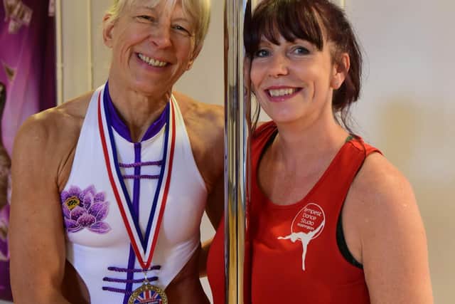 65-year-old pole dancing champion Alison Zamyslianskyj with coach Mandy Williams.