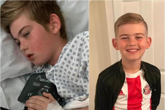 Charlie McPherson battled with PIMS-TS in hospital (left). The ten-year-old Sunderland AFC home is now recovering at home as his mother warns other parents to look out for symptoms.