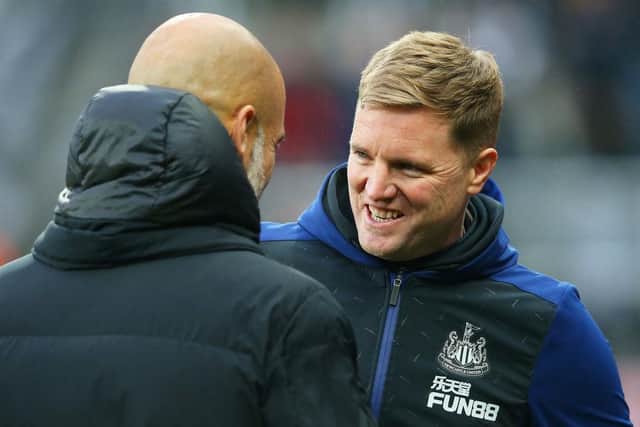 Newcastle United head coach Eddie Howe and Manchester City manager Pep Guardiola last season.