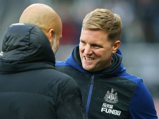 Newcastle United head coach Eddie Howe and Manchester City manager Pep Guardiola last season.