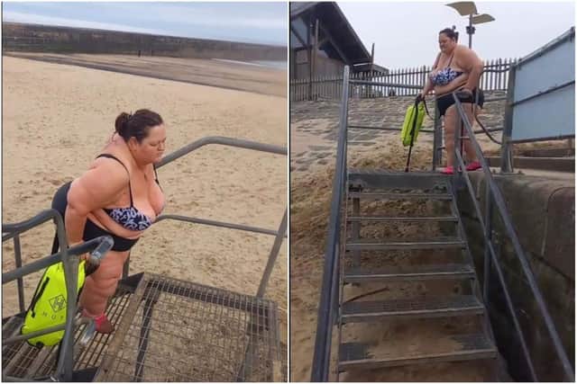 Kathleen Wotton showing how the steps at Seaham's Slope Beach can be a struggle to those who have mobility issues.