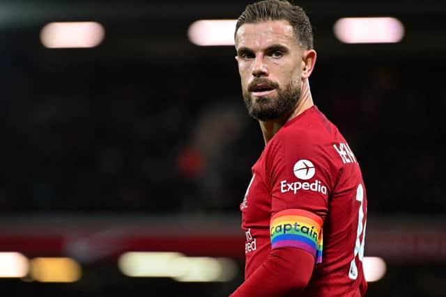 Jordan Henderson captain of Liverpool wearing the rainbow captain armband in support of the LGBTQ+ during the Premier League match between Liverpool FC and Leeds United at Anfield.