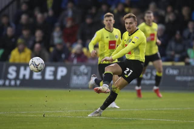 HARROGATE, ENGLAND - DECEMBER 11: Jack Diamond of Harrogate Town in action during the Sky Bet League Two match between Harrogate Town and Northampton Town at The EnviroVent Stadium on December 11, 2021 in Harrogate, England. (Photo by Pete Norton/Getty Images)