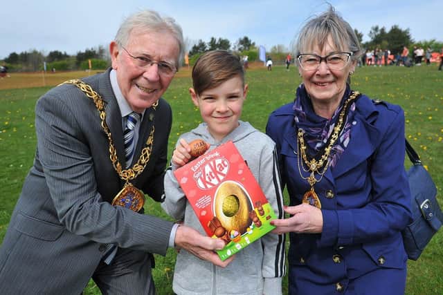 Mayor of Sunderland Harry Trueman and Mayoress Coun Dorothy Trueman present 9-10 age group winner Max Burn with his egg