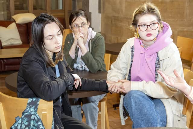 Ukrainian refugees Inna, 39, daughter Nastya, 19, and Olha, 18.