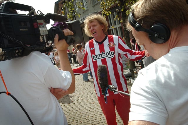 Artist Grayson Perry was pictured in 2011 talking to Sunderland fans outside Greens on Low Row whilst filming for a Channel 4 programme.