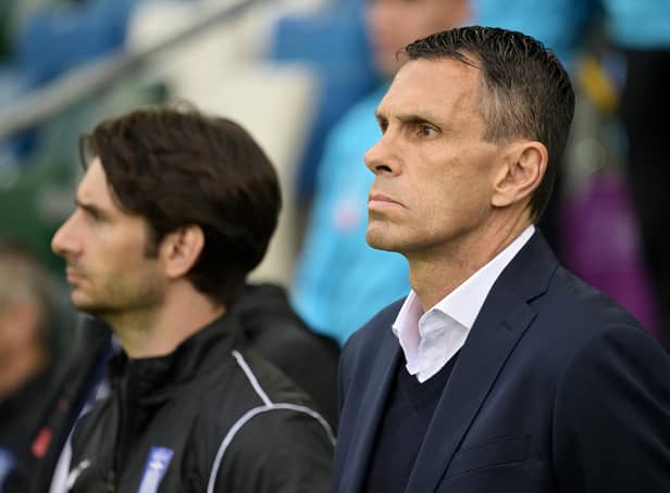 BELFAST, NORTHERN IRELAND - JUNE 02: Gus Poyet, Head Coach of Greece looks on prior to the UEFA Nations League League C Group 2 match between Northern Ireland and Greece at Windsor Park on June 02, 2022 in Belfast, Northern Ireland. (Photo by Charles McQuillan/Getty Images)