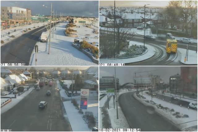 Images from the @NELiveTraffic network showing the conditions on the seafront in Seaburn, top left, the junction with Newcastle Road and Carlton Road in Fulwell, top right, the A690 Durham Road, bottom left, and the A183 St Mary's Way in the city centre.