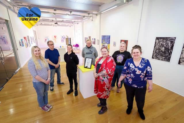 Artists Genevieve Justice, James Hutchinson, Ashlee Kennedy, Stuart Teears, Su Devine, Natalie Martin and Natasha Kerr-Armstrong at the new exhibition ‘We Stand With Ukraine’ at the University of Sunderland’s Priestman Building.