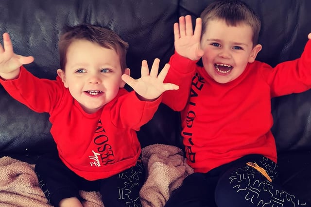 Hands up for Red Nose Day! Oliver, age 1, and Jack, age 4.
