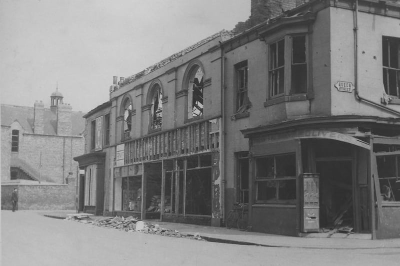 Oliver's fish shop and a furniture store next door took a hit during this air raid in June 1940 in Musgrave Street and Queen Street. St Joseph's School can be seen in the background.