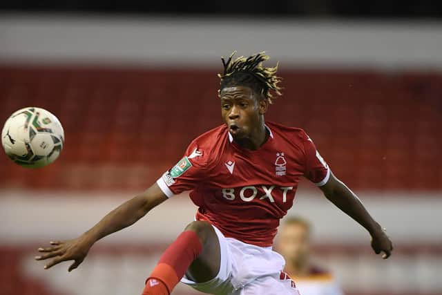 NOTTINGHAM, ENGLAND - AUGUST 11: Ateef Konate of Nottingham Forest during the Carabao Cup First Round match between Nottingham Forest and Bradford City at City Ground on August 11, 2021 in Nottingham, England. (Photo by Tony Marshall/Getty Images)