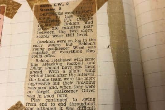 An extract of a report from a Boldon CW against Stockton match which reports on a young goalkeeper Wood who was the equal of everything the opposing Stockton team could throw at him.