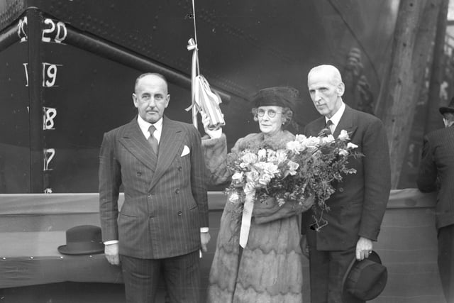 Launch of British Marquis in April 1946. Picture shows Mrs Bevin ready to name the 12,250 tonne tanker, British Marquis, at Pallion shipyard of William Doxford and Sons Ltd  Doxfords.  
Right, Sir William Fraser, chairman of the British Tanker Co and left Mr J  Ramsay Gebbie, managing director of Wm Doxford and Sons Ltd.