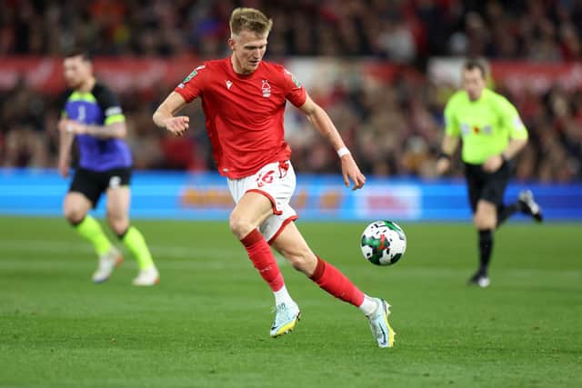 NOTTINGHAM, ENGLAND - NOVEMBER 09: Sam Surridge of Nottingham Forest during the Carabao Cup Third Round match between Nottingham Forest and Tottenham Hotspur at City Ground on November 09, 2022 in Nottingham, England. (Photo by Catherine Ivill/Getty Images )