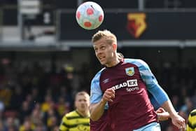 Burnley's Czech striker Matej Vydra heads the ball during the English Premier League football match between Watford and Burnley at Vicarage Road Stadium.