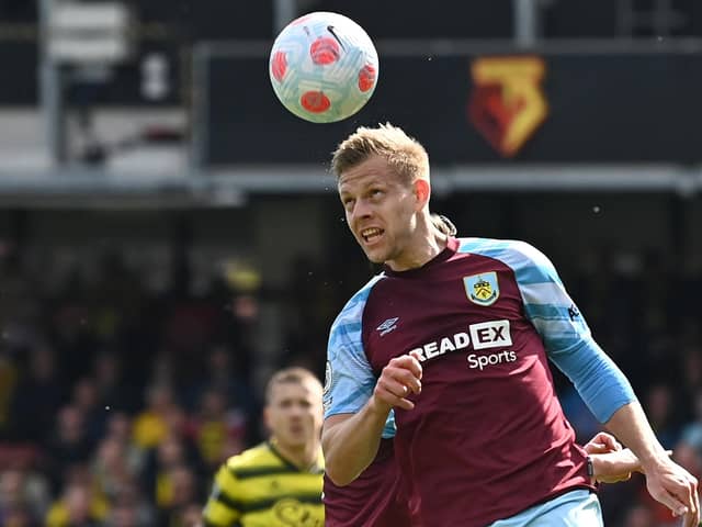 Burnley's Czech striker Matej Vydra heads the ball during the English Premier League football match between Watford and Burnley at Vicarage Road Stadium.