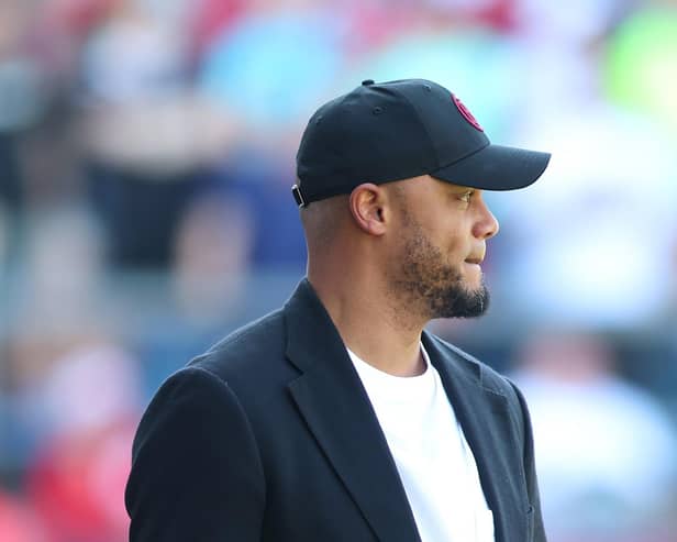 BURNLEY, ENGLAND - MAY 19: Vincent Kompany, Manager of Burnley, looks on prior to the Premier League match between Burnley FC and Nottingham Forest at Turf Moor on May 19, 2024 in Burnley, England. (Photo by Nathan Stirk/Getty Images)