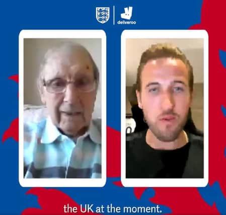 Screen grab taken from the official England football teams Twitter account (@England) of Harry Kane speaking to Colin Grainger who made his Three Lions debut 64 years ago last Saturday. PA Photo.