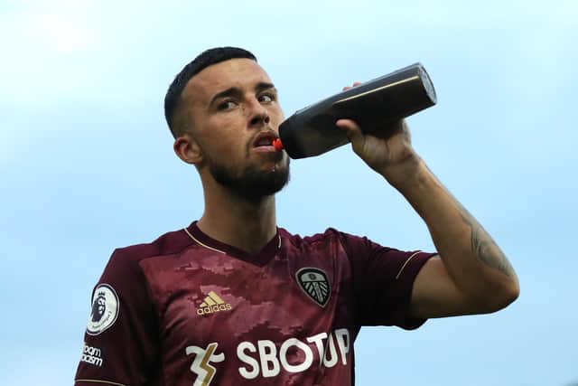 GUISELEY, ENGLAND - JULY 27: Sam Greenwood of Leeds United takes a drink during the Pre-Season Friendly match between Guiseley and Leeds United at Nethermoor Park on July 27, 2021 in Guiseley, England. (Photo by George Wood/Getty Images)