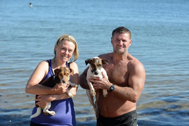 Vicky Lilly and Rob Bainbridge, with dogs Bailey and Max, cooling off during the heatwave at Roker on August 8.