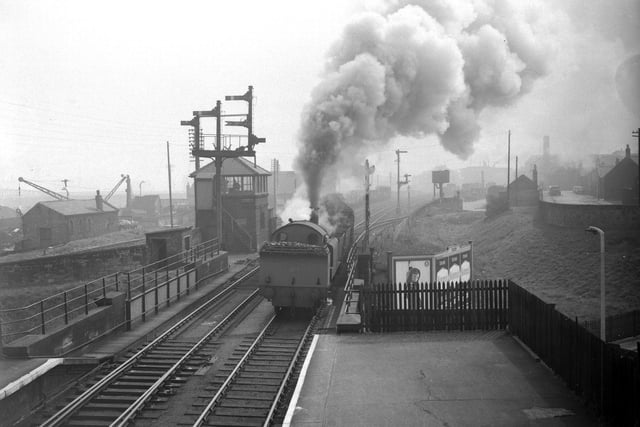 Pallion railway station in 1959 with an industrial scene behind it.