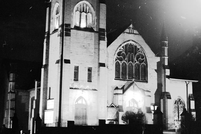 Floodlit Ewesley Road Methodist Church in October 1950. Photo: Bill Hawkins.