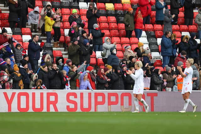 Fans show their support to the players after the FIFA Women's World Cup 2023 Qualifier match between England and Austria at Stadium of Light.