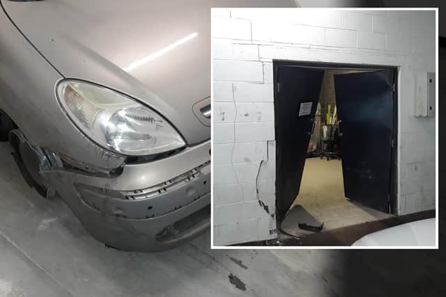 The damage to the Citroen Picasso and, inset, the Tesco unit.
