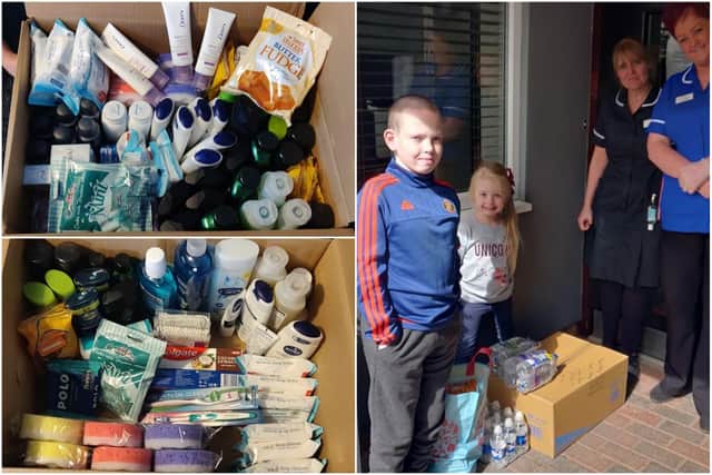 Alfie Turley, 11, and Darcie Turley, five, have made packs of essential items for Weaside care homes.