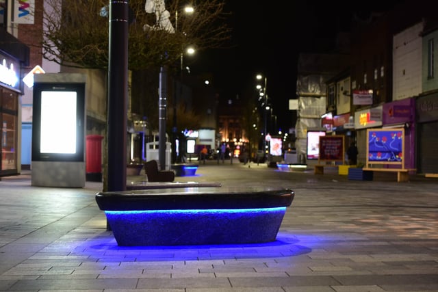 Seating in High Street West was illuminated in blue and yellow in support of Ukraine in March last year.