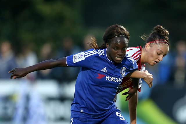 Wome's football superstar Eni Aluko battles Keira Ramshaw battle for the ball during the Women's Super League match at Wheatsheaf Park during the 2015/16 season.