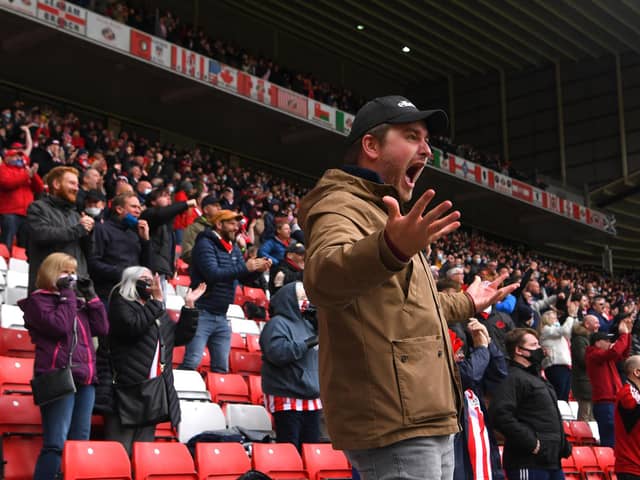 A Wearsider celebrates after the first Sunderland goal during the League One Play-off semi-final second-leg match between the Black Cats and Lincoln City at Stadium of Light.