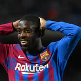 Barcelona's French forward Ousmane Dembele reacts during the Spanish league football match between FC Barcelona and RC Celta de Vigo at the Camp Nou stadium in Barcelona on May 10, 2022. (Photo by LLUIS GENE / AFP) (Photo by LLUIS GENE/AFP via Getty Images)