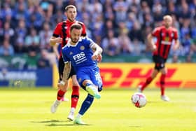 LEICESTER, ENGLAND - APRIL 08: James Maddison of Leicester City passes the ball during the Premier League match between Leicester City and AFC Bournemouth at The King Power Stadium on April 08, 2023 in Leicester, England. (Photo by Marc Atkins/Getty Images)