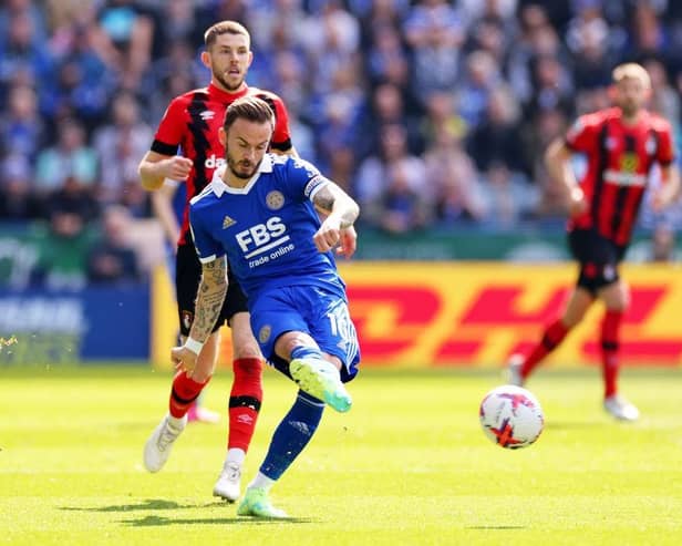 LEICESTER, ENGLAND - APRIL 08: James Maddison of Leicester City passes the ball during the Premier League match between Leicester City and AFC Bournemouth at The King Power Stadium on April 08, 2023 in Leicester, England. (Photo by Marc Atkins/Getty Images)