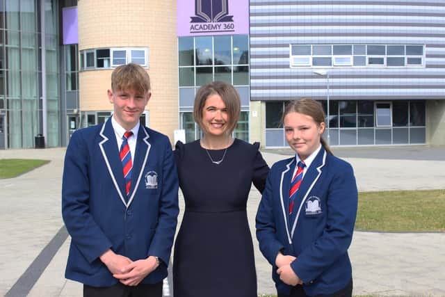 Head Rachel Donohue with year ten pupils Ethan Brown and Ella Grieves