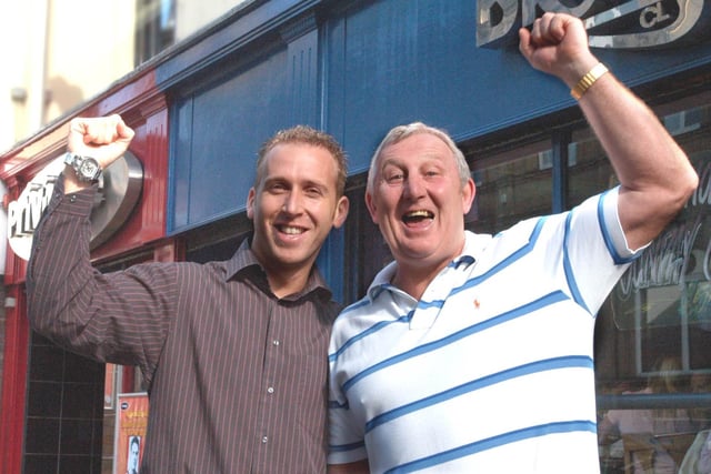 Andy Sutton, left, and John Dickman of Privilege and Brogans 18 years ago. They were celebrating because theirs was the first nightclub to be granted an extended licence under new laws.