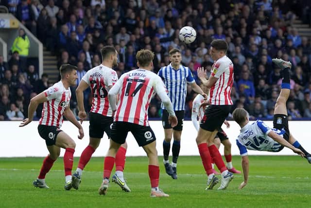 Sheffield Wednesday's George Byers attempts an overhead kick during the Sky Bet League One play-off semi-final, second leg match at Hillsborough, Sheffield. Picture date: Monday May 9, 2022.