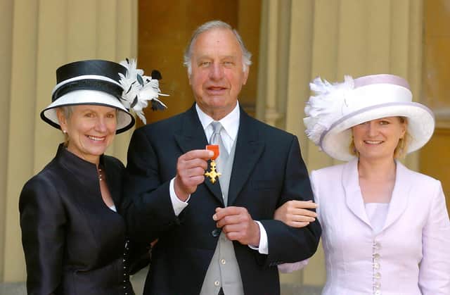Geoffrey Palmer with wife Sally (left) and daughter Harriet after becoming an Officer of the Most Excellent Order of the British Empire (OBE)