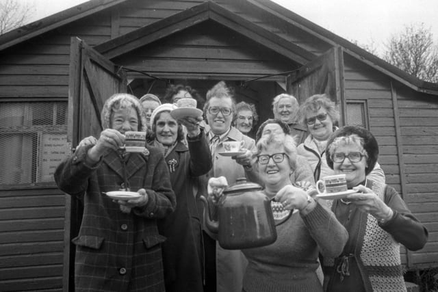 A farewell cuppa for some of the women at St Oswald's Church hut, Grindon, which was soon to be demolished. It's a memory from 1982.