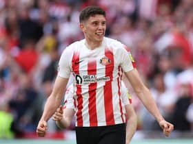 LONDON, ENGLAND - MAY 21: Ross Stewart of Sunderland celebrates after scoring their side's second goal during the Sky Bet League One Play-Off Final match between Sunderland and Wycombe Wanderers at Wembley Stadium on May 21, 2022 in London, England. (Photo by Eddie Keogh/Getty Images)