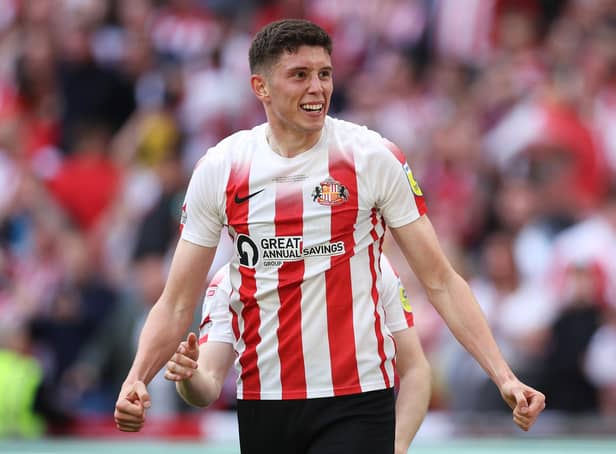 LONDON, ENGLAND - MAY 21: Ross Stewart of Sunderland celebrates after scoring their side's second goal during the Sky Bet League One Play-Off Final match between Sunderland and Wycombe Wanderers at Wembley Stadium on May 21, 2022 in London, England. (Photo by Eddie Keogh/Getty Images)